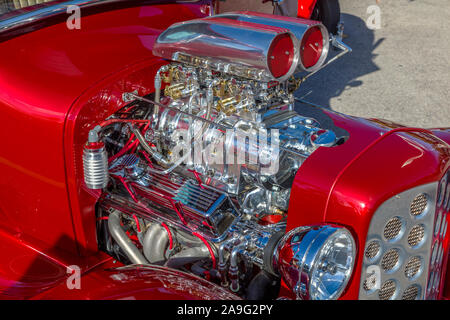 Chrome covered powerful hot rod car engines Stock Photo