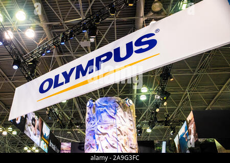 NEW YORK CITY - OCTOBER 24, 2019: View of the Olympus display at the 2019 PhotoPlus Expo in New York City, Stock Photo