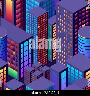City seamless pattern view with isometric perspective and vibrant neon colors for backgrounds Stock Vector