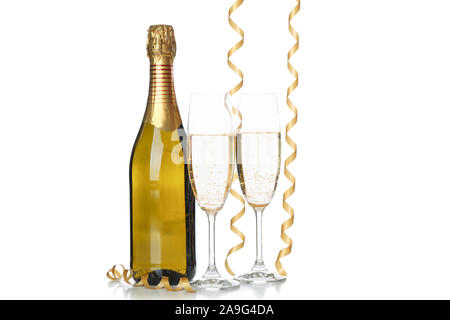 Champagne glasses, bottle and ribbons isolated on white background Stock Photo