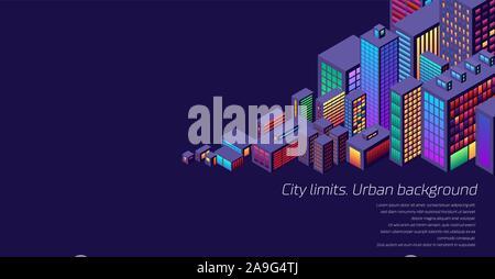 Background with city view with isometric perspective and vibrant neon colors Stock Vector