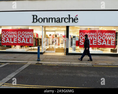 Sheerness, Kent, UK. 15th November, 2019.  Large closing down sale signs have appeared in the windows of the Sheerness branch of Bonmarché. Women's fashion chain Bonmarché has 318 shops nationwide and entered administration in October. Credit: James Bell/Alamy Live News Stock Photo