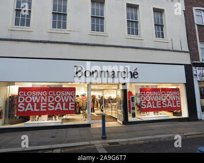 Sheerness, Kent, UK. 15th November, 2019.  Large closing down sale signs have appeared in the windows of the Sheerness branch of Bonmarché. Women's fashion chain Bonmarché has 318 shops nationwide and entered administration in October. Credit: James Bell/Alamy Live News Stock Photo