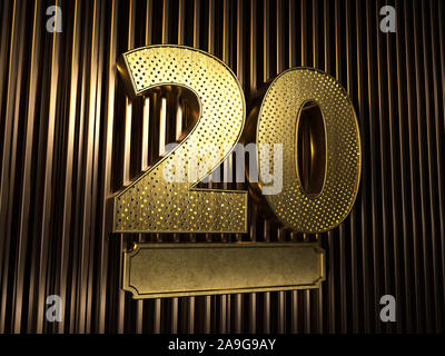 number 20 (number twenty) perforated with small holes on the background of metal pieces with the plate for personalized inscriptions. 3D illustration Stock Photo