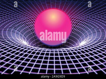 Black hole or gravity grid with glowing ball or sun in 80s synthwave and style Stock Vector
