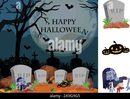 Halloween theme with zombie in graveyard illustration Stock Vector