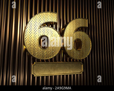 number 66 (number sixty-six) perforated with small holes on the background of metal pieces with the plate for personalized inscriptions. 3D illustrati Stock Photo