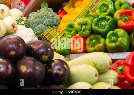 Fresh harvested vegetables from farmer for sale on weekly spanish market in Andalusia, Spain, close up Stock Photo