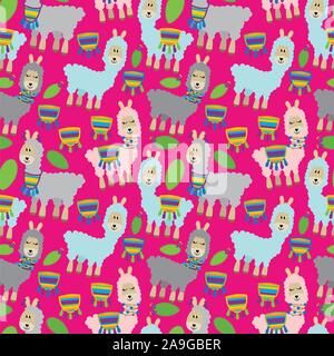Seamless, Tileable Llama and Cactus Pattern or Background Stock Vector