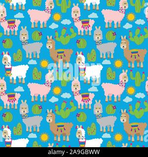 Seamless, Tileable Llama and Cactus Pattern or Background Stock Vector