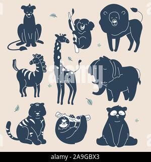 Exotic animals silhouettes - set of flat design style characters Stock Vector