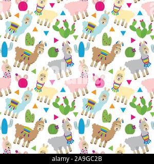 Seamless, Tileable Llama and Cactus Pattern or Background Stock Vector