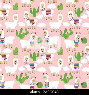 Seamless, Tileable Llama and Cactus Pattern or Background Stock Vector