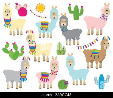Cute Vector Collection of Llamas, Vicunas and Alpacas Stock Vector