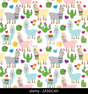 Seamless, Tileable Llama and Cactus Pattern or Background Stock Vector