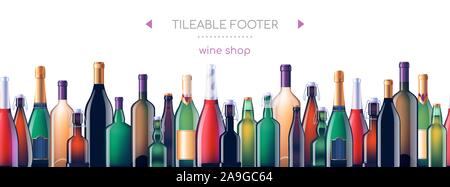 Alcohol glass bottles - vector realistic seamless web footer Stock Vector