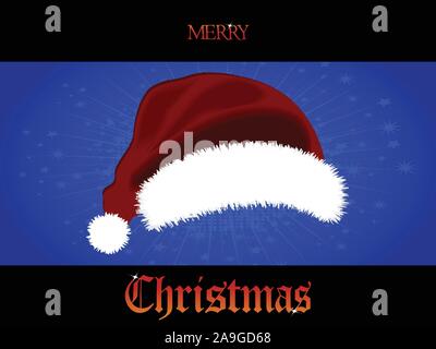 3D Illustration Of Red Santa Hat Over Christmas Blue Festive Panel With Star Burst On Black Background With Merry Christmas Decorative Text Stock Vector