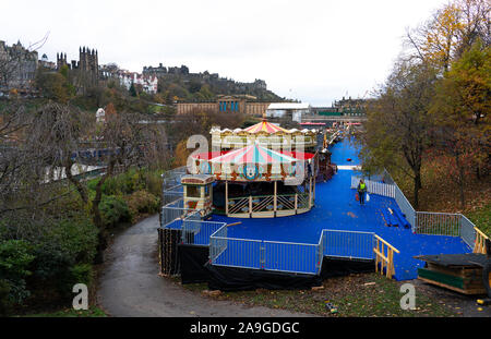 Edinburgh, Scotland, UK. 15th November 2019. General view of controversial Edinburgh Christmas Market seen on the day before opening. The market has nearly doubled in size this year and much of it has been built on a large elevated platform for the first time which has angered many residents who fear that Princes Street Gardens are being damaged. Concerns also raised that the proper planning application channels were not adhered to. The market opens on 16th November. Iain Masterton/Alamy Live News.