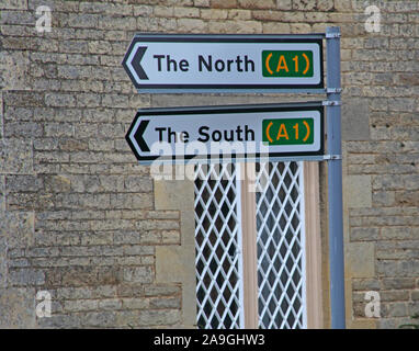 The North, The South signs, A1, which way now, London Rd, Wansford, Peterborough, England, UK,  PE8 6JE Stock Photo