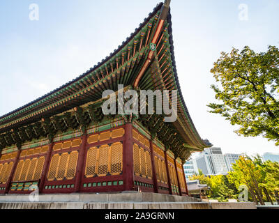 SEOUL, SOUTH KOREA - OCTOBER 30, 2019: corner of building in Deoksugung (Deoksu Palace) in Seoul. This complex is one of the Five Grand Palaces built