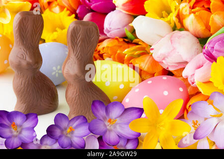 Easter decoration eggs an chocolate bunnies Stock Photo