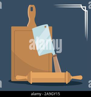 chopping board with cleaver and rolling pin Stock Vector