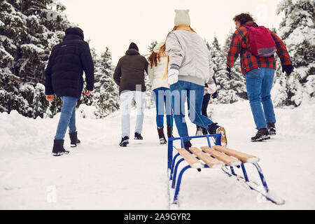 Rear view friends run on the snow in the park in winter. Stock Photo