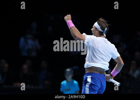 London, UK. 15th Nov 2019. Rafael Nadal of Spain celebrates his three set win over StefanosTsitsipas of Greece during the ATP World Tour Finals at the O2 Arena on November 15, 2019 in London, England. Credit: Paul Cunningham/Alamy Live News Stock Photo