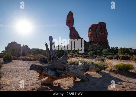 Red rock formation against clear blue sky in Arches National Park, Utah. Tourist attracion in the United States Stock Photo