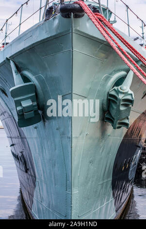 Bow with anchors of ORP Blyskawica (Lightning),  destroyer which served in the Polish Navy during World War II, the oldest preserved destroyer in the Stock Photo