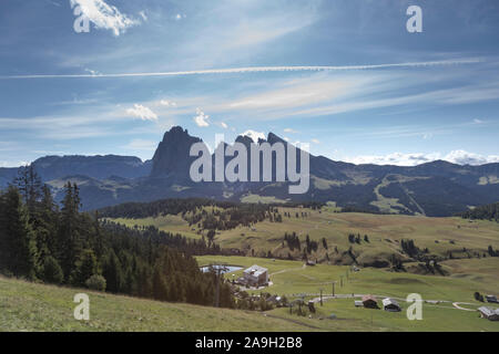The Sassolongo mountain massif viewed from the Alpi di Siusi, the largest Alpine pasture in Europe Stock Photo