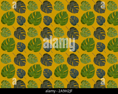 Seamless pattern of real monstera leaves with hot yellow background. Background from tropical leaves. Stock Photo