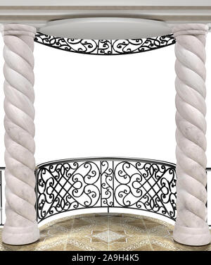 Balcony with a wrought iron fence and twisted columns on a white background  3D illustration 3D rendering Stock Photo