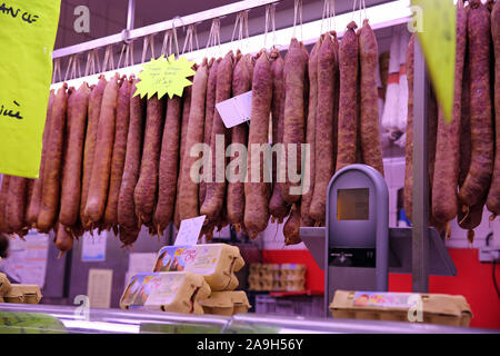 Dried sausages on sale in a market in Metz, France Stock Photo