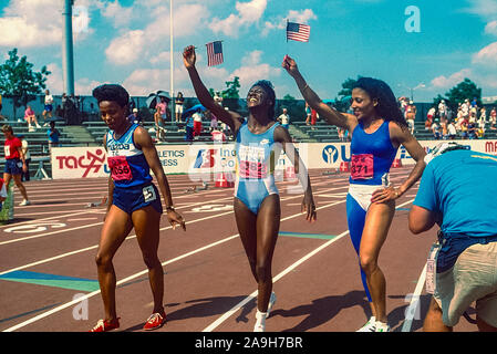 (L-R) Evelyn Ashford, Gwen Torrence, Florence Griffith Joyner competing at the 1988 US Olympic Team Trials. Stock Photo