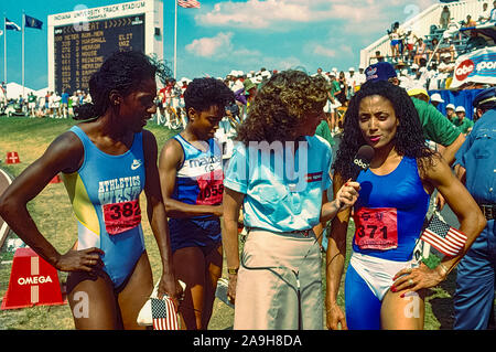 Florence Griffith Joyner being interviewed by Kathrine Switzer of ABC Sports at the 1988 US Olympic Team Trials. Stock Photo
