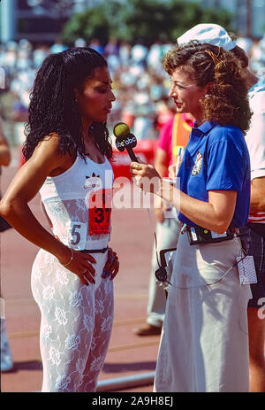 Florence Griffith Joyner being interviewed by Kathrine Switzer of ABC ...