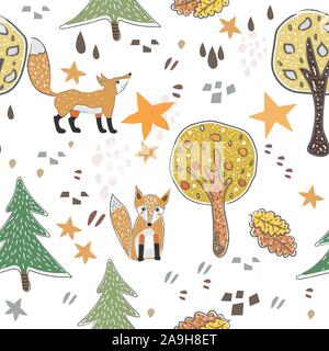 Seamless fox pattern with cute trees, stars, foxes and abstract shapes. Cute Scandinavian Style. Stock Vector