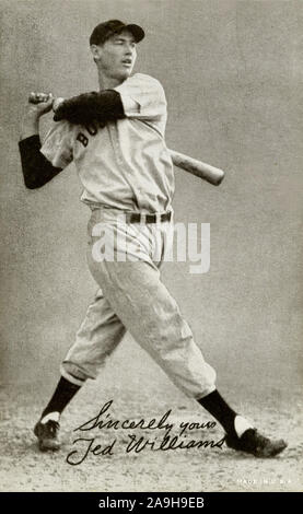 Vintage black and white Exhibit Baseball Card of Ted Williams with the Boston Red Sox circa 1940s. Stock Photo