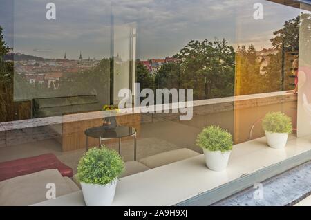 Brno, Czech Republic (9th August 2016) The big window of the sleeping room in Villa Tugendhat (architect L. M. van der Rohe) reflecting Brno's view Stock Photo