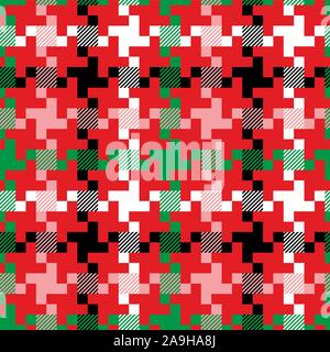 Christmas pattern with geometric shapes. Green, black and red seamless background. - Vector Stock Vector