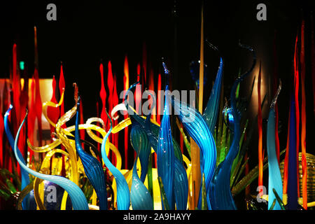 Seattle, USA. 15th Nov, 2019. Glass artworks are seen in Chihuly Garden and Glass in Seattle, Washington, the United States, on Nov. 14, 2019. Chihuly Garden and Glass in Seattle showcases incredible and unique artworks by world-famous glass artist Dale Chihuly, whose work is included in more than 200 museum collections worldwide. Credit: Qin Lang/Xinhua/Alamy Live News