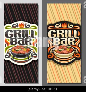 Vector banners for Grill Bar, leaflet template with fried chicken legs, sirloin mutton steak, healthy zucchini, fresh tomatoes and sweet corn on round Stock Vector