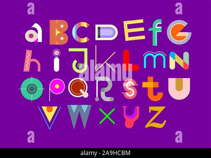 Colorful font design isolated on a bright purple background. Stock Vector