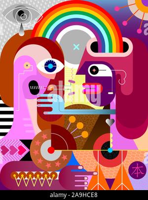 Two people and a rainbow graphic artwork. Modern abstract art vector illustration. Stock Vector