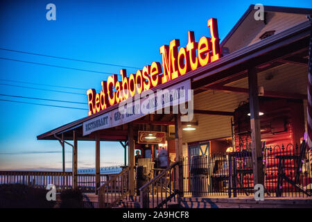 RONKS, Pennsylvania - The Red Caboose Motel, near Lancastter, PA, is a railway themed motel and restaurant. It is not far from other rail-themed attractions and museums nearby. The accommodations for the hotel are in converted old railcars. Stock Photo