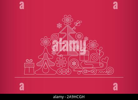 White line art isolated on a dark red background Christmas Background vector illustration. Design with Christmas tree, Christmas decorations and gifts Stock Vector