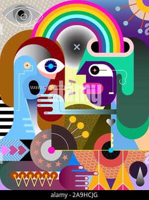 Two people under a rainbow vector illustration. Modern abstract art portrait of couple. Stock Vector