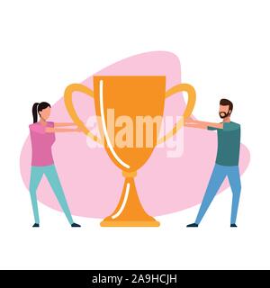 avatar man and woman holding a big trophy cup Stock Vector