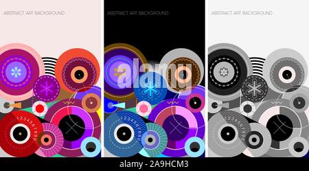 Wheels modern abstract art vector illustration. Three options of decorative template design with various circles and round shapes. Stock Vector